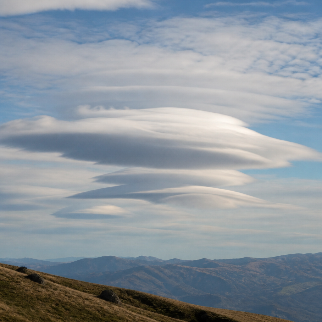 Nuage lenticulaire en forme de lentilles empilées, immobile au-dessus d'une crête montagneuse