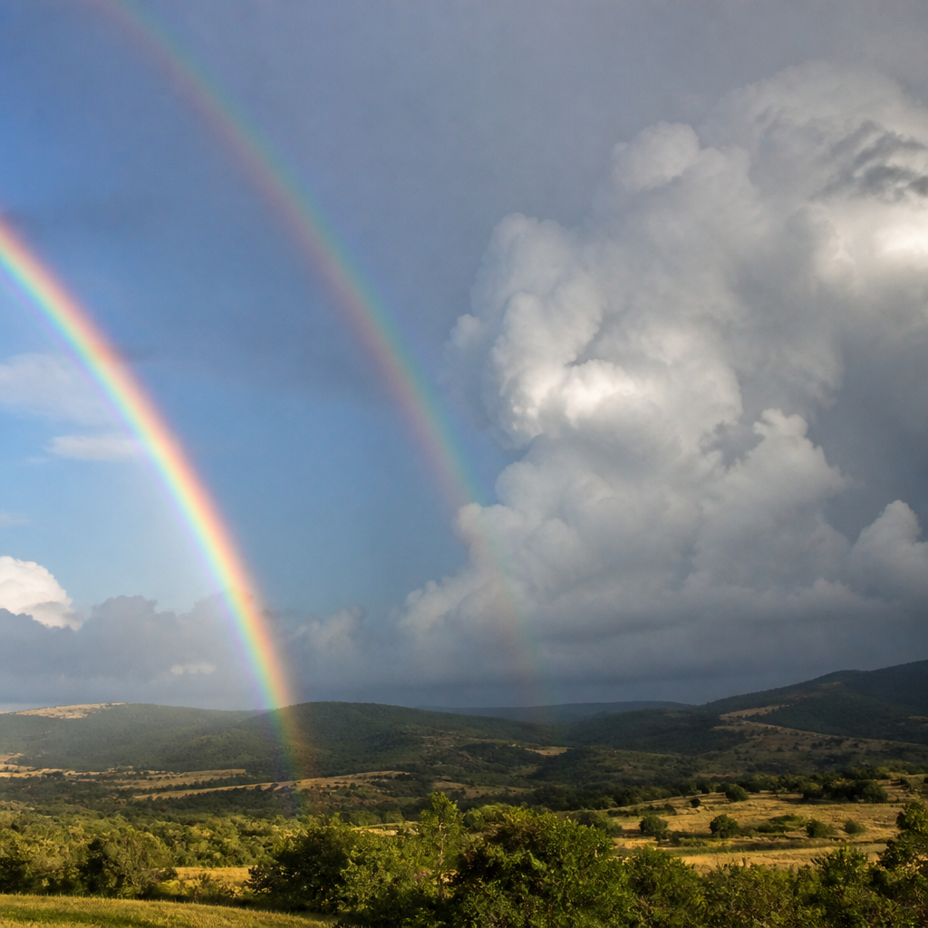 Arc-en-ciel primaire vif doublé d'un arc secondaire plus pâle, séparés par une bande de ciel plus sombre