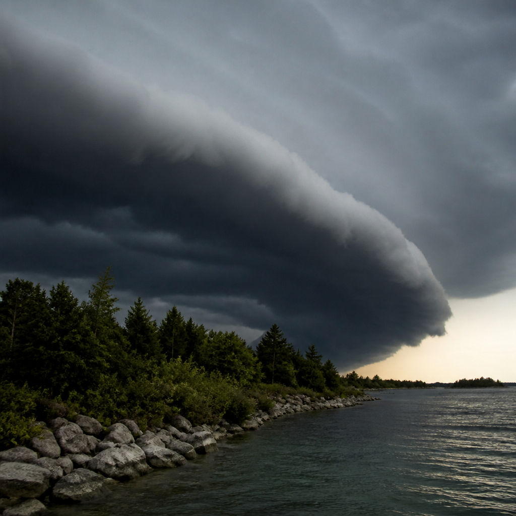 Arcus en rouleau sombre avançant à l'avant d'une ligne de grains, au-dessus d'un horizon plat