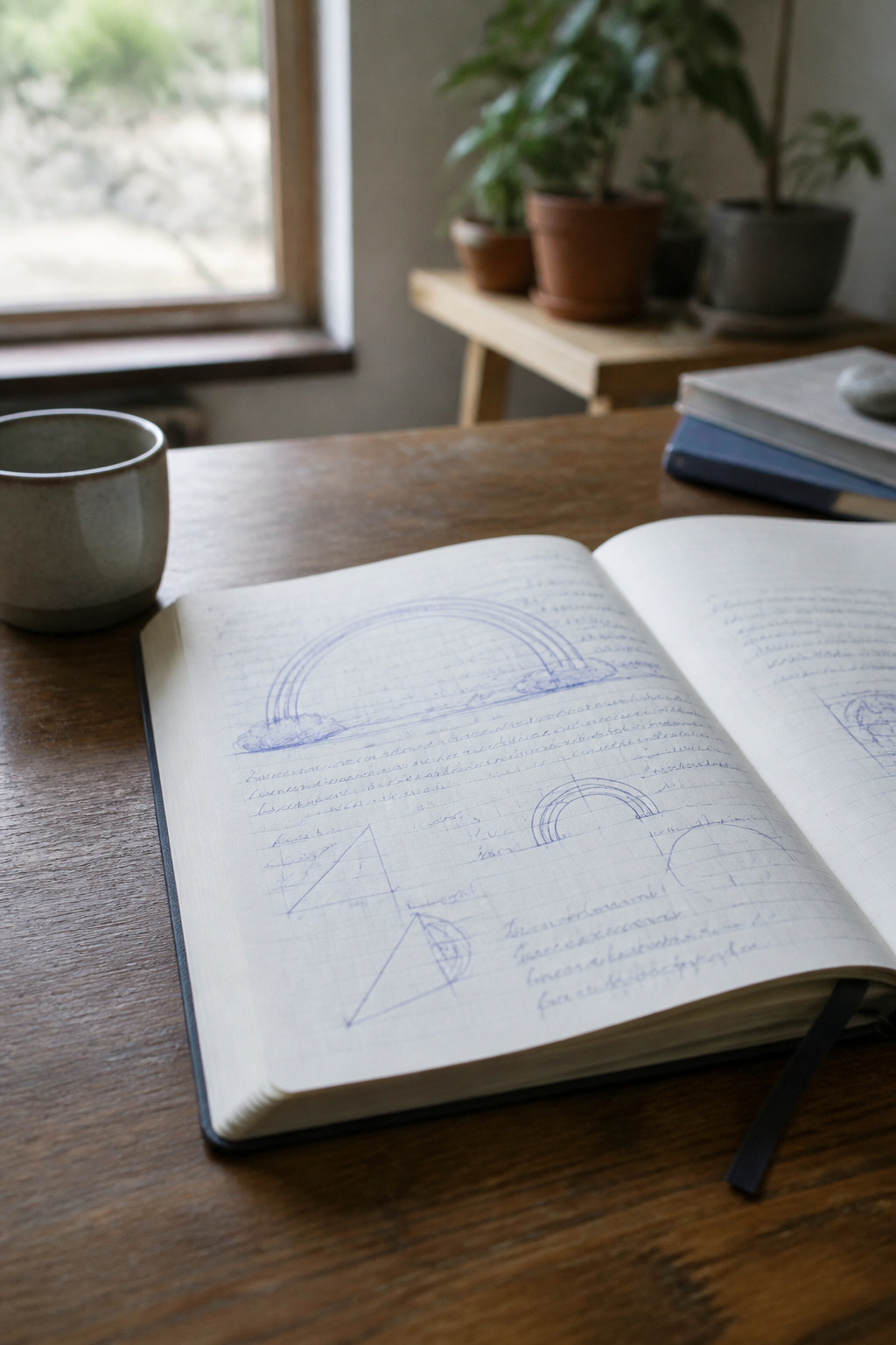 Carnet ouvert posé sur une table près d'une fenêtre, une page couverte de notes d'observation du ciel, de croquis d'angles et de chiffres d'octas