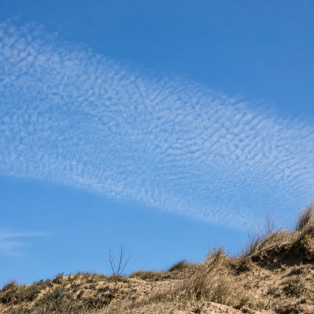 Banc de cirrocumulus formé de très petits granules blancs réguliers, sans aucune ombre, découpant un ciel bleu