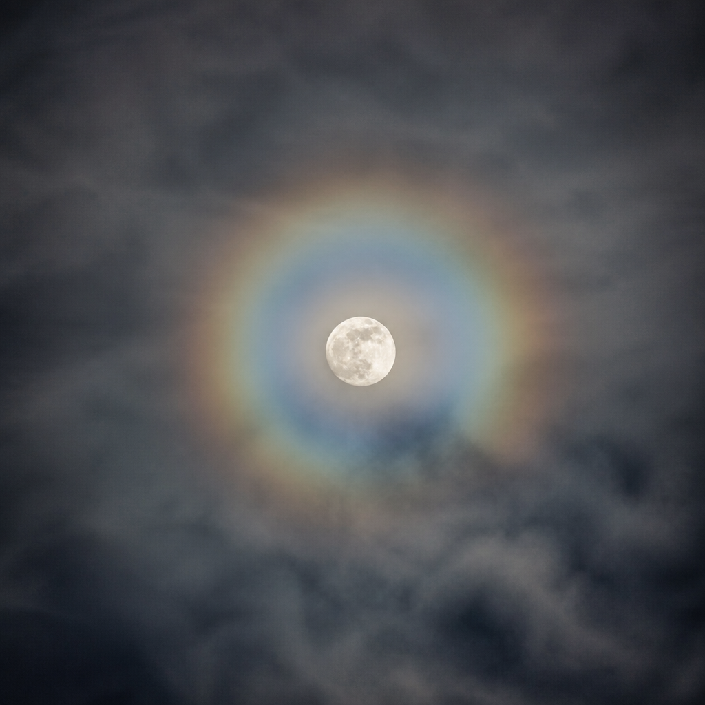 Couronne colorée serrée autour de la pleine lune vue à travers un voile de nuage mince