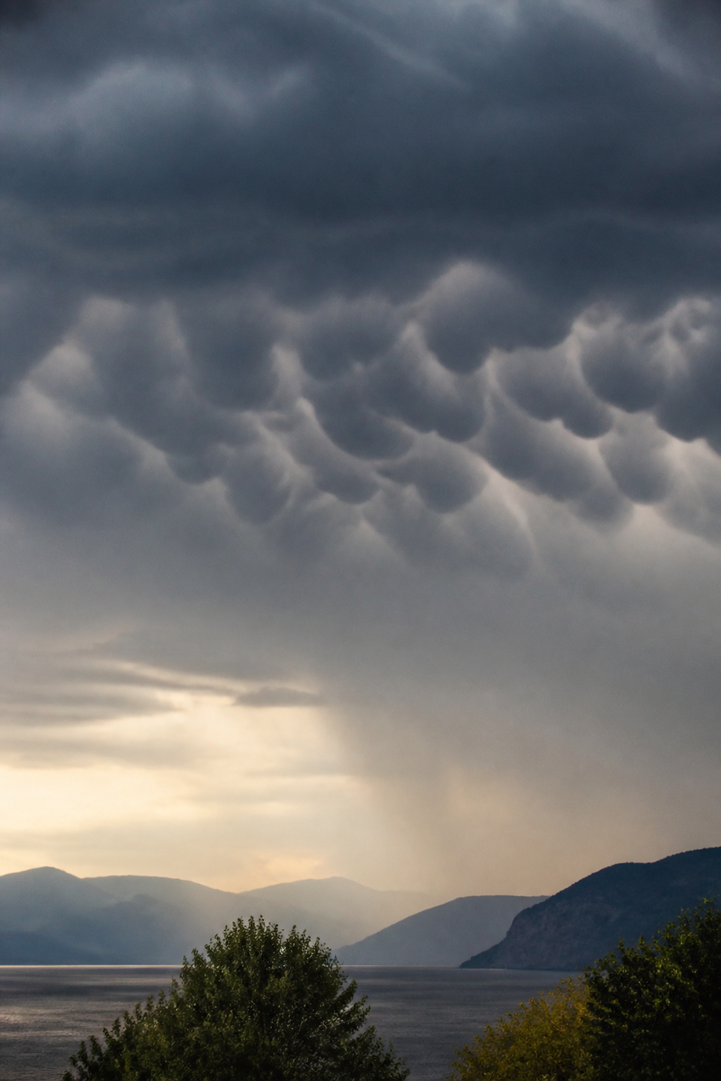 Poches arrondies de mammatus suspendues sous la base sombre d'une enclume d'orage éclairée par le soleil couchant