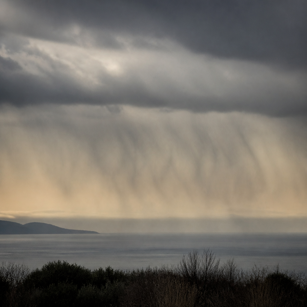 Traînées de virga descendant en oblique sous un banc de nuages et s'arrêtant nettement avant d'atteindre le sol